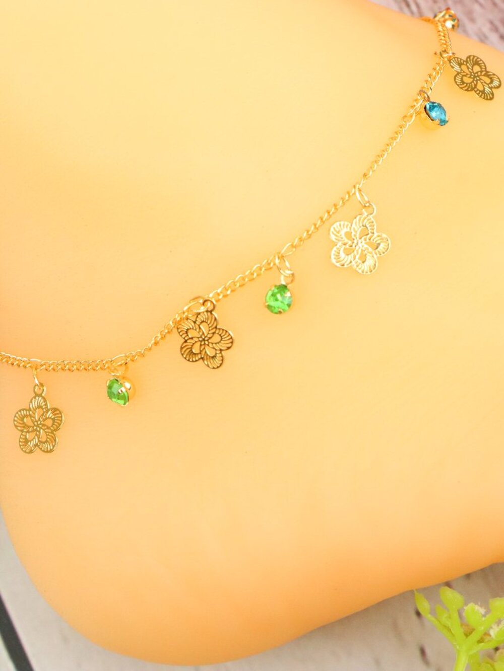 Gold Tone Dangle Flower Charm Anklet, Blue GreeN Gemstone Foot Chain WALRCN107